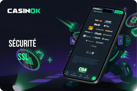 Page de sécurité CasinOK casino affichant la licence Curaçao et le chiffrement SSL 128 bits