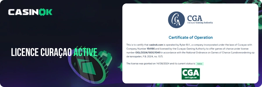 Certificat de licence Curaçao de CasinOK en ligne avec protection SSL active